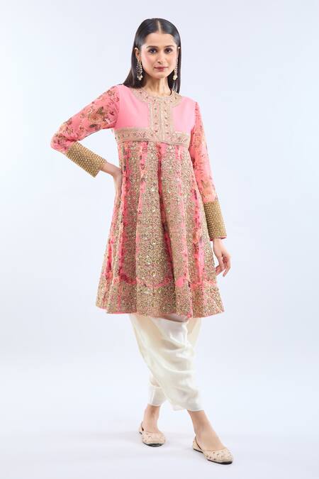 Buy Debyani + CO Blush Silk Embroidery Round Neck Pink Anarkali Set Buy_Debyani + CO_Blush Silk Embroidery Round Neck Pink Anarkali Set