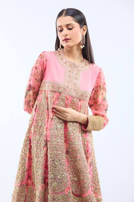 Shop Debyani + CO Blush Silk Embroidery Round Neck Pink Anarkali Set Shop_Debyani + CO_Blush Silk Embroidery Round Neck Pink Anarkali Set