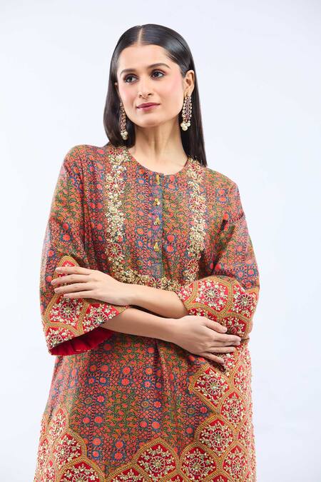 Debyani + CO_Multi Color Silk Embroidery Round Neck Printed Kurta Set _Online_at_Aza_Fashions