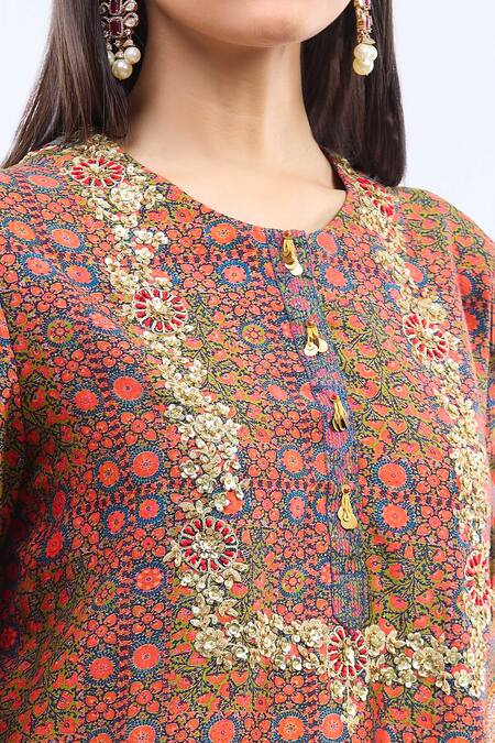 Debyani + CO_Multi Color Silk Embroidery Round Neck Printed Kurta Set _at_Aza_Fashions