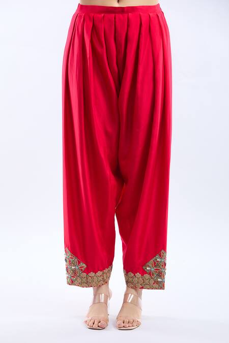 Debyani + CO Red Silk Embroidery Split V-neck Diamond Choga Kurta Set Online at Aza Fashions Debyani + CO_Red Silk Embroidery Split V-neck Diamond Choga Kurta Set _Online_at_Aza_Fashions