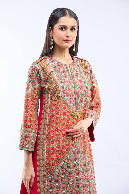 Buy Debyani + CO Red Silk Embroidery Split V-neck Diamond Choga Kurta Set Online at Aza Fashions Buy_Debyani + CO_Red Silk Embroidery Split V-neck Diamond Choga Kurta Set _Online_at_Aza_Fashions