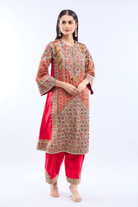 Shop Debyani + CO Red Silk Embroidery Split V-neck Diamond Choga Kurta Set Online at Aza Fashions Shop_Debyani + CO_Red Silk Embroidery Split V-neck Diamond Choga Kurta Set _Online_at_Aza_Fashions