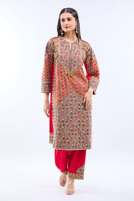Debyani + CO Red Silk Embroidery Split V-neck Diamond Choga Kurta Set at Aza Fashions Debyani + CO_Red Silk Embroidery Split V-neck Diamond Choga Kurta Set _at_Aza_Fashions