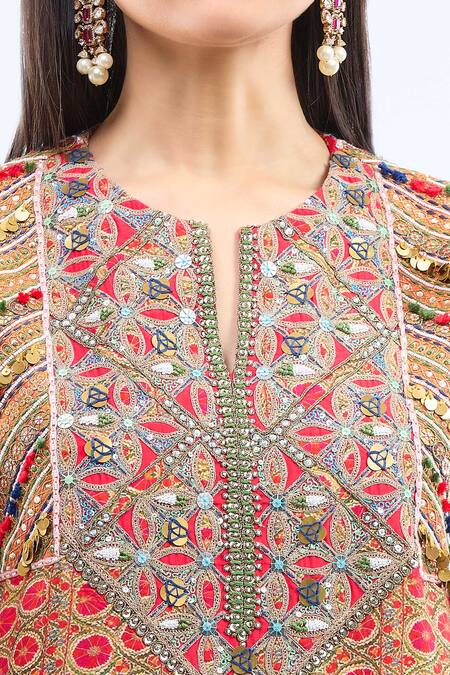 Buy Debyani + CO Red Silk Embroidery Split V-neck Diamond Choga Kurta Set Buy_Debyani + CO_Red Silk Embroidery Split V-neck Diamond Choga Kurta Set