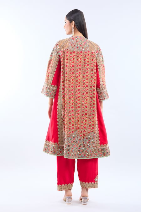 Debyani + CO Red Silk Diamond Choga Kurta Set 