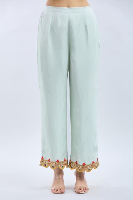 Debyani + CO_Orange Silk Embroidery Round Neck Ice Blue Kurta Set _Online_at_Aza_Fashions