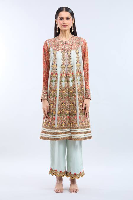 Buy_Debyani + CO_Orange Silk Embroidery Round Neck Ice Blue Kurta Set _Online_at_Aza_Fashions