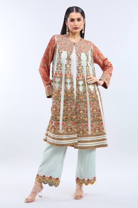 Shop_Debyani + CO_Orange Silk Embroidery Round Neck Ice Blue Kurta Set _Online_at_Aza_Fashions