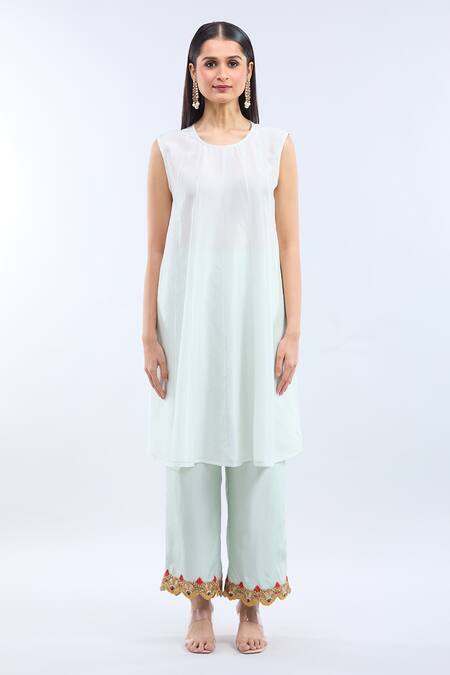 Debyani + CO_Orange Silk Embroidery Round Neck Ice Blue Kurta Set _at_Aza_Fashions