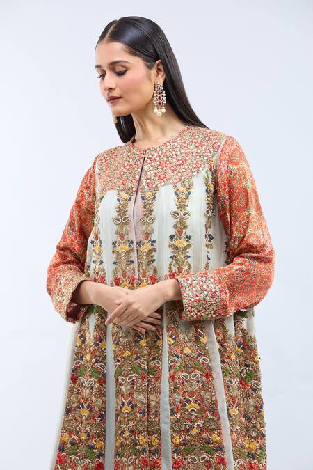 Buy_Debyani + CO_Orange Silk Embroidery Round Neck Ice Blue Kurta Set 