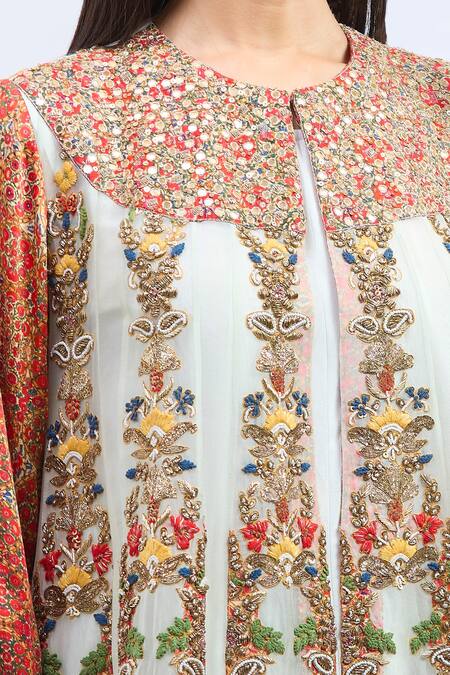 Shop_Debyani + CO_Orange Silk Embroidery Round Neck Ice Blue Kurta Set 