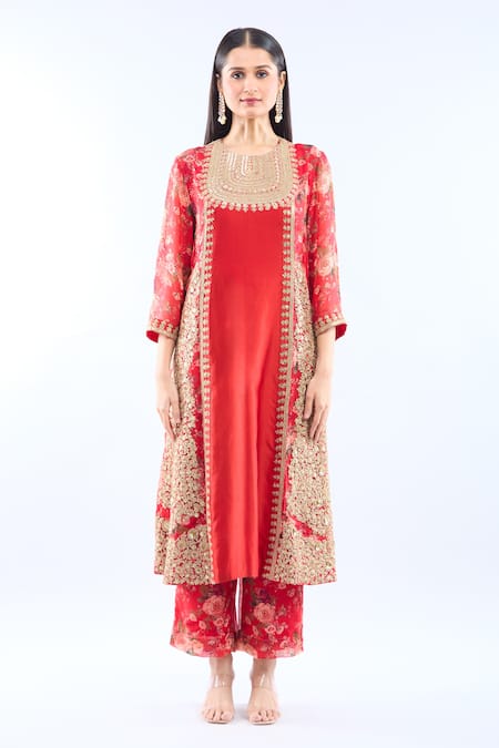 Debyani + CO_Red Silk Embroidery Round Neck Kurta Set With Dupatta _Online_at_Aza_Fashions