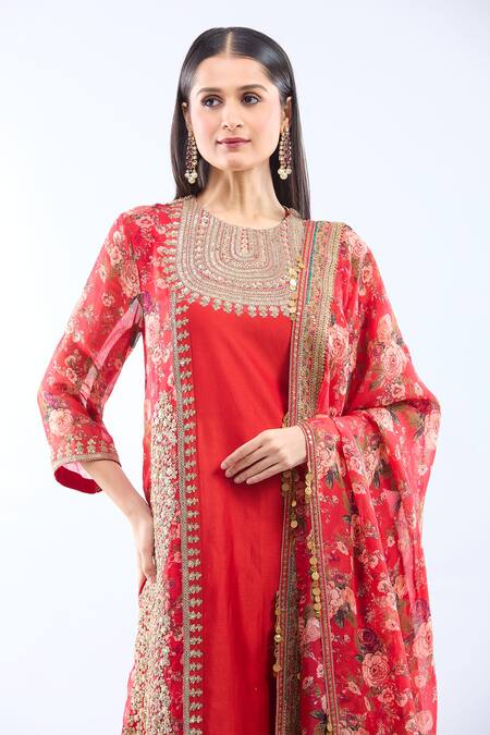 Buy_Debyani + CO_Red Silk Embroidery Round Neck Kurta Set With Dupatta _Online_at_Aza_Fashions