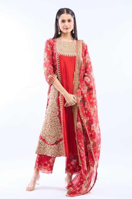 Shop_Debyani + CO_Red Silk Embroidery Round Neck Kurta Set With Dupatta _Online_at_Aza_Fashions