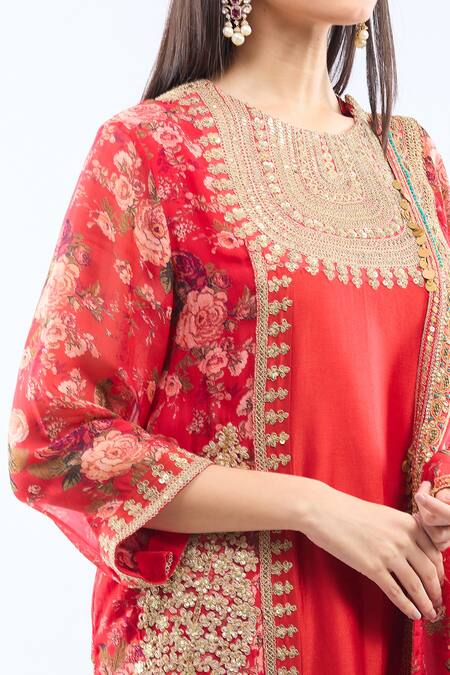 Shop_Debyani + CO_Red Silk Embroidery Round Neck Kurta Set With Dupatta 