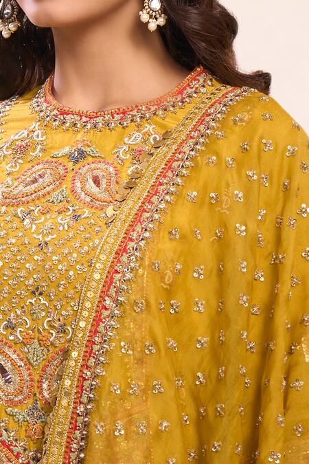 Debyani + CO Mustard Silk Sequins, Embroidery Round Neck Yellow Kurta Set Online at Aza Fashions Debyani + CO_Mustard Silk Sequins, Embroidery Round Neck Yellow Kurta Set _Online_at_Aza_Fashions