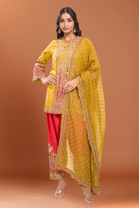 Debyani + Co Mustard Silk Sequins, Embroidery Round Neck Yellow Kurta Set 
