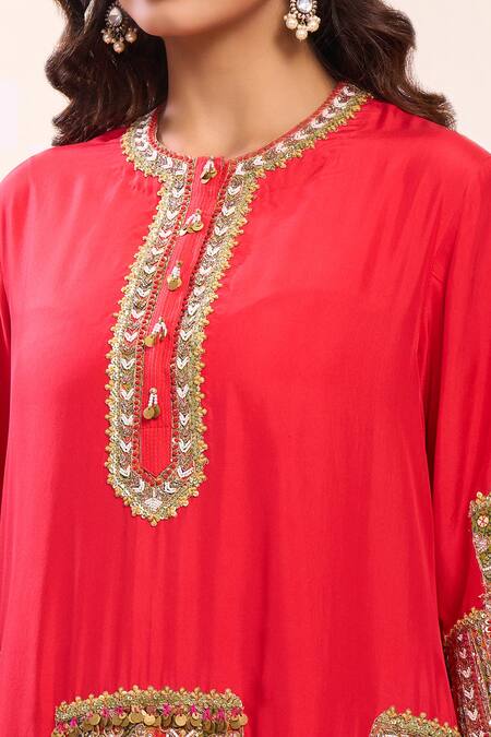 Debyani + CO_Red Silk Embroidery Round Neck Kurta Set With Palazzo _Online_at_Aza_Fashions
