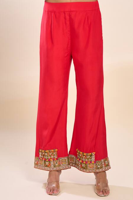 Buy_Debyani + CO_Red Silk Embroidery Round Neck Kurta Set With Palazzo _Online_at_Aza_Fashions