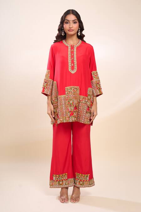 Shop_Debyani + CO_Red Silk Embroidery Round Neck Kurta Set With Palazzo _Online_at_Aza_Fashions
