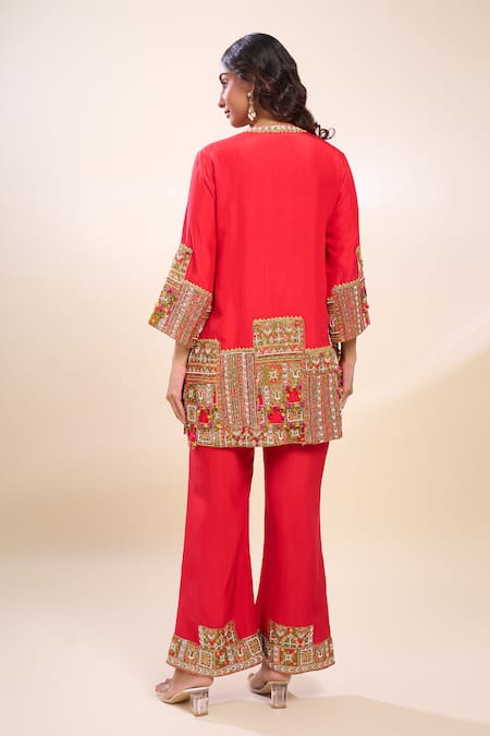 Debyani + CO Embroidered Red Kurta Set With Palazzo 