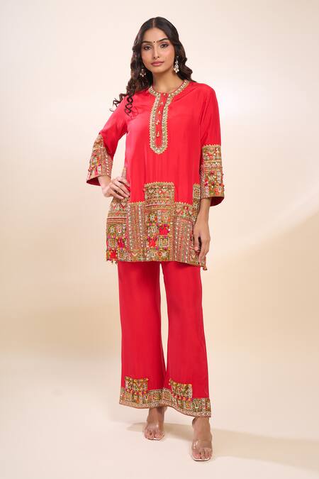 Debyani + CO_Red Silk Embroidery Round Neck Kurta Set With Palazzo _at_Aza_Fashions
