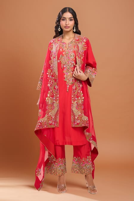 Debyani + Co Red Silk Embroidered Kurta Set 
