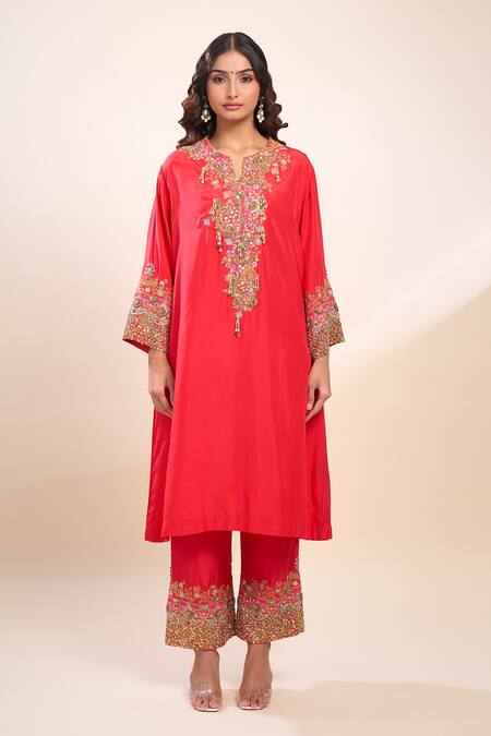 Buy Debyani + CO Red Silk Sequins, Beads, Embroidery Round Neck Kurta Set Online at Aza Fashions Buy_Debyani + CO_Red Silk Sequins, Beads, Embroidery Round Neck Kurta Set _Online_at_Aza_Fashions