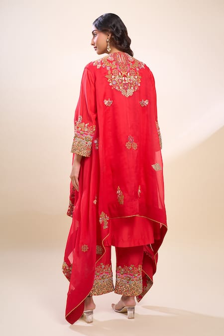 Debyani + CO Red Silk Embroidered Kurta Set 