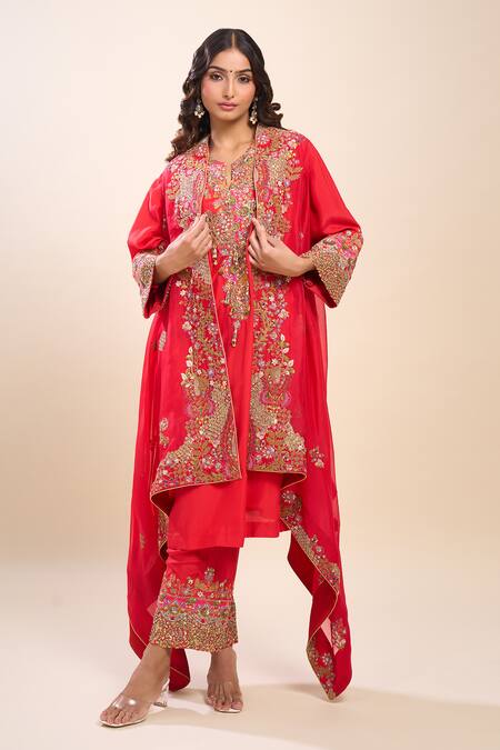Shop Debyani + CO Red Silk Sequins, Beads, Embroidery Round Neck Kurta Set Online at Aza Fashions Shop_Debyani + CO_Red Silk Sequins, Beads, Embroidery Round Neck Kurta Set _Online_at_Aza_Fashions