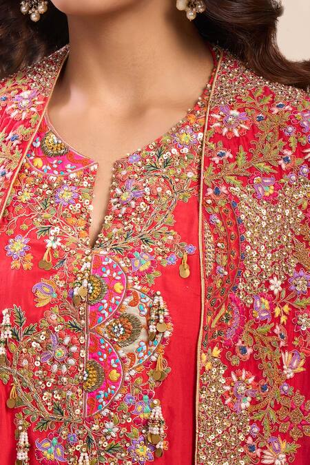 Debyani + CO Red Silk Sequins, Beads, Embroidery Round Neck Kurta Set at Aza Fashions Debyani + CO_Red Silk Sequins, Beads, Embroidery Round Neck Kurta Set _at_Aza_Fashions