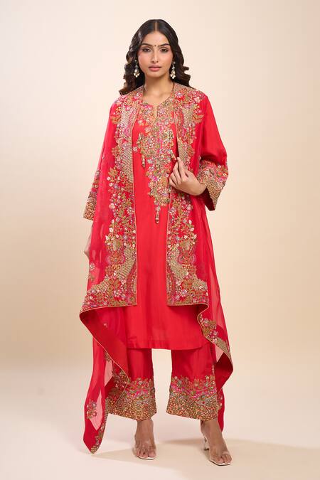 Buy Debyani + CO Red Silk Sequins, Beads, Embroidery Round Neck Kurta Set Buy_Debyani + CO_Red Silk Sequins, Beads, Embroidery Round Neck Kurta Set