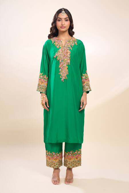 Debyani + CO Green Silk Embroidery Round Neck Kurta Set With Cape Online at Aza Fashions Debyani + CO_Green Silk Embroidery Round Neck Kurta Set With Cape _Online_at_Aza_Fashions