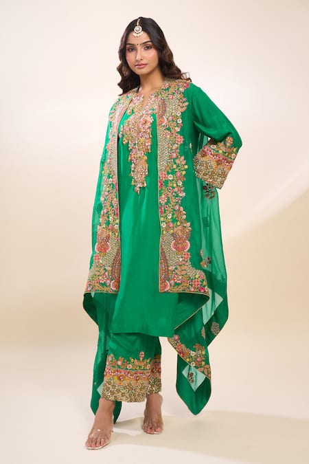 Debyani + CO Green Silk Embroidery Round Neck Kurta Set With Cape at Aza Fashions Debyani + CO_Green Silk Embroidery Round Neck Kurta Set With Cape _at_Aza_Fashions