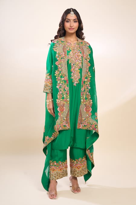 Buy Debyani + CO Green Silk Embroidery Round Neck Kurta Set With Cape Buy_Debyani + CO_Green Silk Embroidery Round Neck Kurta Set With Cape