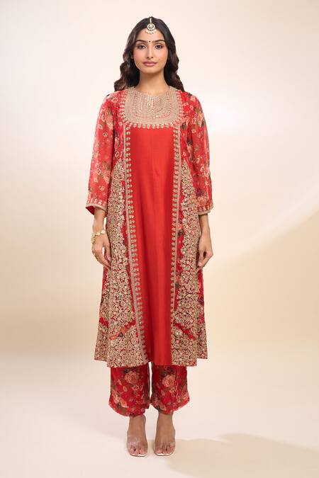 Debyani + CO_Red Organza Embroidery Round Neck Chota Gulab Kurta Set With Polka Dupatta _Online_at_Aza_Fashions