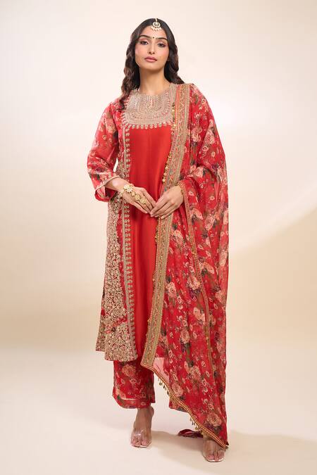 Buy_Debyani + CO_Red Organza Embroidery Round Neck Chota Gulab Kurta Set With Polka Dupatta _Online_at_Aza_Fashions