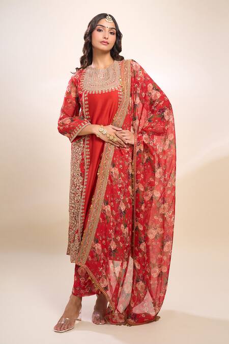 Shop_Debyani + CO_Red Organza Embroidery Round Neck Chota Gulab Kurta Set With Polka Dupatta _Online_at_Aza_Fashions