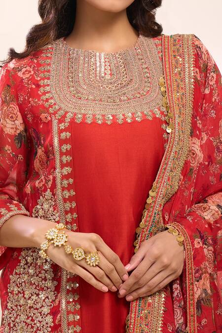 Buy_Debyani + CO_Red Organza Embroidery Round Neck Chota Gulab Kurta Set With Polka Dupatta 