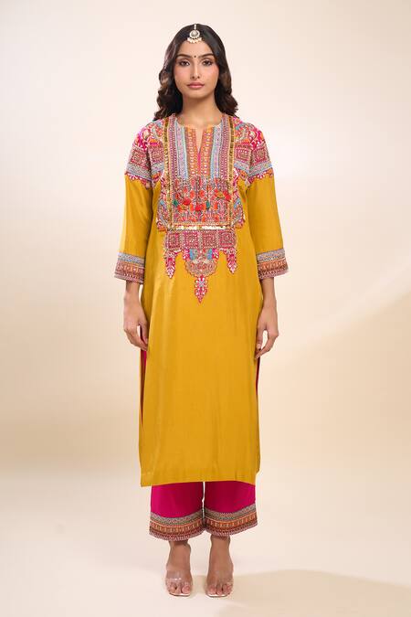 Buy_Debyani + CO_Mustard Silk Embroidery Round Neck Yellow Kurta Set _Online_at_Aza_Fashions