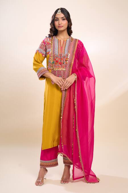 Shop_Debyani + CO_Mustard Silk Embroidery Round Neck Yellow Kurta Set _Online_at_Aza_Fashions