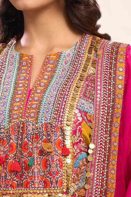 Debyani + CO_Mustard Silk Embroidery Round Neck Yellow Kurta Set _at_Aza_Fashions