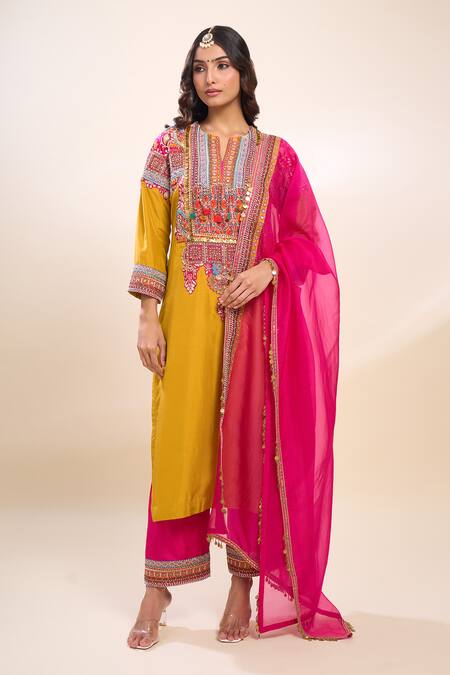 Buy_Debyani + CO_Mustard Silk Embroidery Round Neck Yellow Kurta Set 