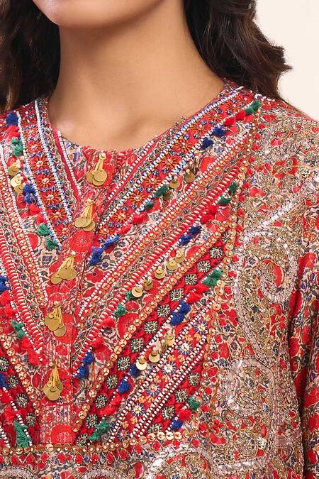 Buy_Debyani + CO_Multi Color Silk Embroidery Round Neck Kurta Pant Set _Online_at_Aza_Fashions