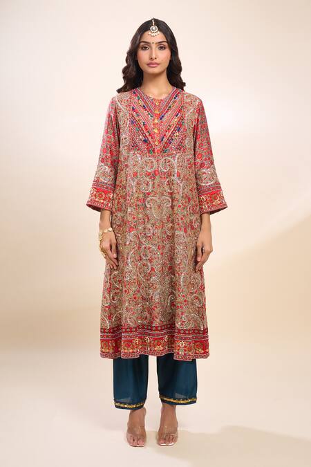 Shop_Debyani + CO_Multi Color Silk Embroidery Round Neck Kurta Pant Set _Online_at_Aza_Fashions
