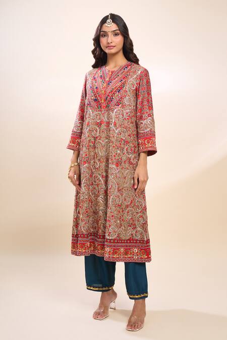 Debyani + CO_Multi Color Silk Embroidery Round Neck Kurta Pant Set _at_Aza_Fashions