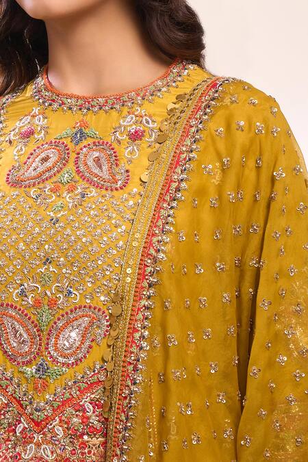 Buy_Debyani + CO_Mustard Silk Sequins, Embroidery Round Neck Yellow Kurta Set With Dupatta _Online_at_Aza_Fashions