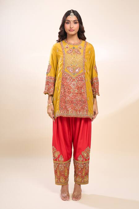 Shop_Debyani + CO_Mustard Silk Sequins, Embroidery Round Neck Yellow Kurta Set With Dupatta _Online_at_Aza_Fashions