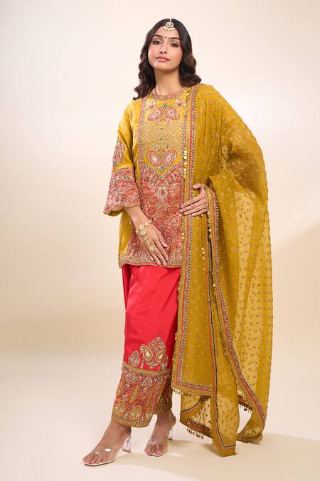 Debyani + CO_Mustard Silk Sequins, Embroidery Round Neck Yellow Kurta Set With Dupatta _at_Aza_Fashions